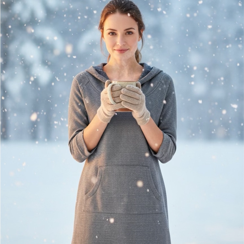 Cozy Mountain Hardware Gray/Blue Hooded Dress with Front Pocket.